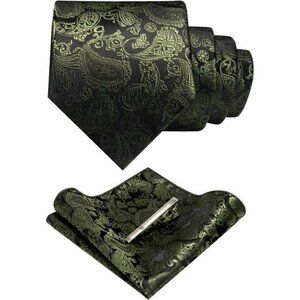 Mens Solid Color Paisley Necktie and Pocket Square with Tie Clip Sets